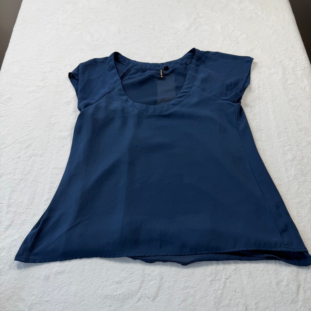 Heartsoul Cap Sleeve Blouse Womens M Navy Blue Excellent Split Back 11AE20519